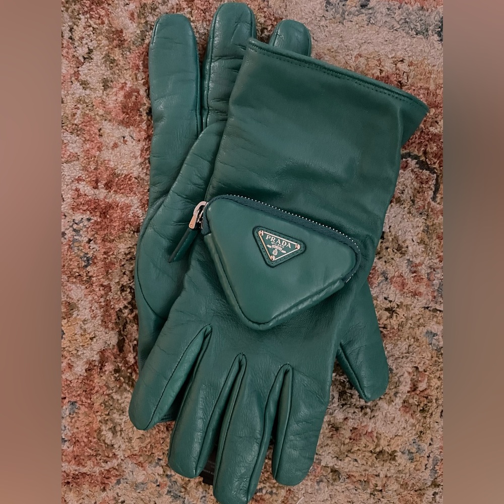 Prada Nappa leather gloves with pouch in peacock blue